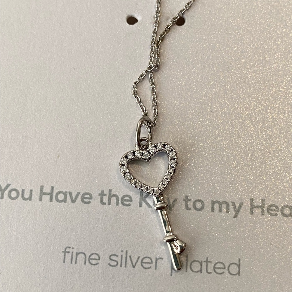 Silver Heart Key Necklace Dainty CZ Pendant Everyday Jewelry Romantic V-Day